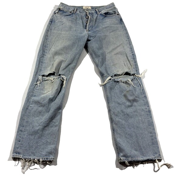 Agolde Women 90s High Rise Loose Fit Raw Hem Destroyed Ripped Jeans Blue Sz 29 - Picture 1 of 14